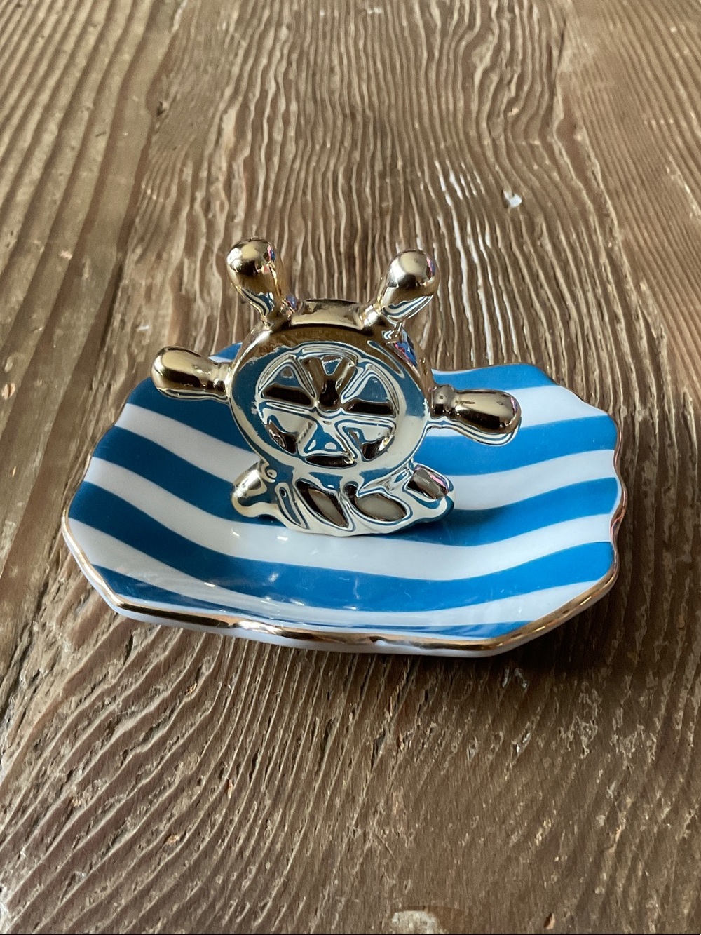 Gold Nautical Wheel Ring Holder with Blue and White Stripes